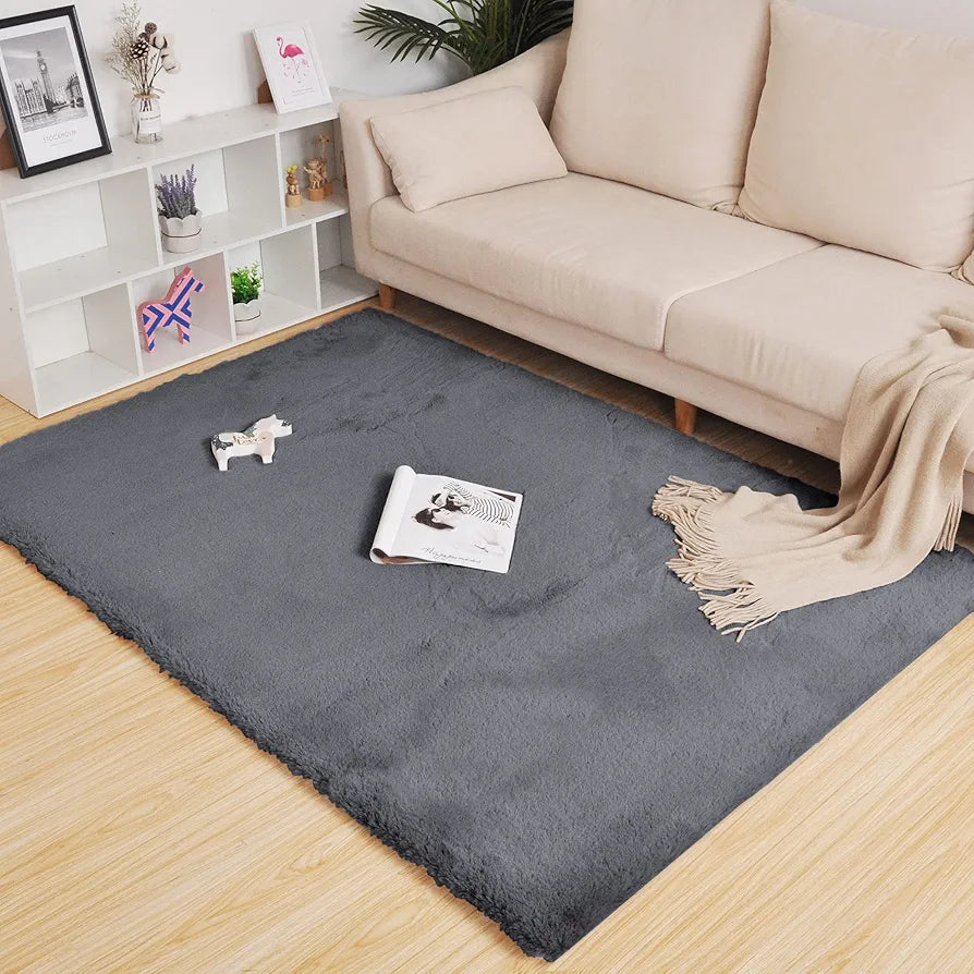 Luxe Home International Ruffle Floor Rug Rabbit Fur 1000 GSM Living Room Foot Mats 4 X 6 FtColour Grey