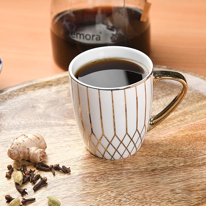 Femora Gloden Branch Pattern Golden Tea Mugs, Ceramic Tea Cups, Coffee Mugs | 160 Ml | Golden | 6 Pcs Set | Not Microwave Safe