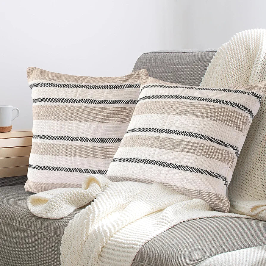 Sashaa World Exquisite Colour Beige Black Striped Elegance Decorative Woven Cushion Cover