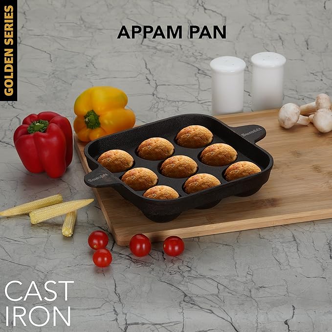 Sumeet Super Smooth Gold Series Pre Seasoned Cast Iron Appam Patra for Paniyaram | 18.50cm 1.5kg 9 Pit.