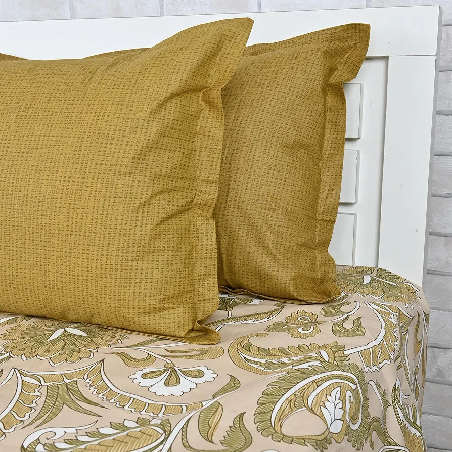 Divine Casa 144 TC 100% Pure Cotton Queen Size Double Bed Bedsheet with 2 Pillow Covers Floral Paisley Colour Mustard Beige