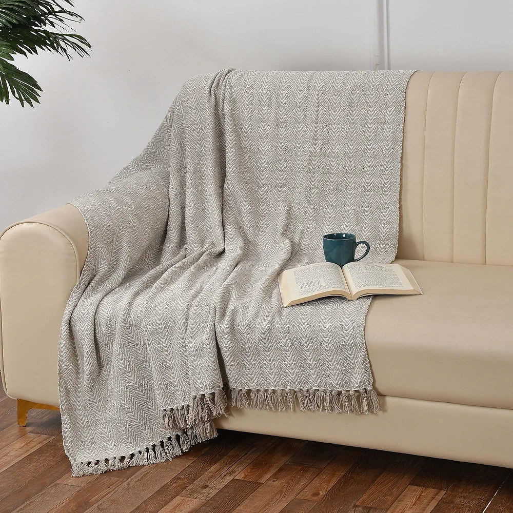 Sashaa World Soft Herringbone Throw Blanket Colour Grey