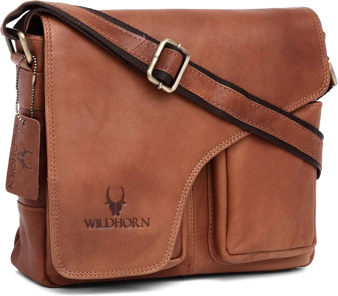 WildHorn�Leather 11 inch Laptop Messenger Bag for Men I Dedicated Laptop Compartment I Adjustable Strap I DIMENSION:L- 11 inch H-9.5 inch W- 3 inch