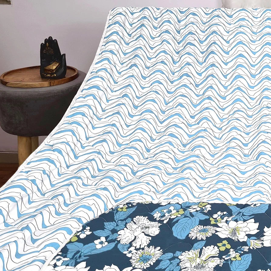 Divine Casa Microfibre All Weather Lightweight 120 GSM Printed Reversible Single Bed Size Quilt Comforter Blanket TC - 120 Colour Navy Blue and White