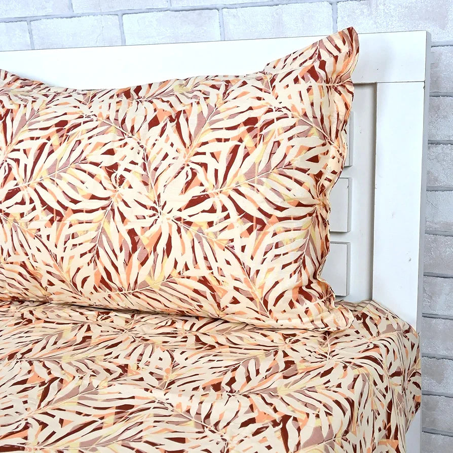 Divine Casa 144 TC 100% Pure Cotton Single Size Bedsheet with 1 Pillow Cover Tropical Leaf Colour Cream Brown