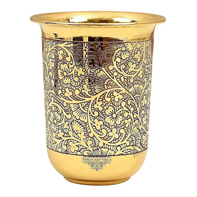 Indian Art Villa Pure Brass Glass Tumbler With Floral Vines Design - 82 gms