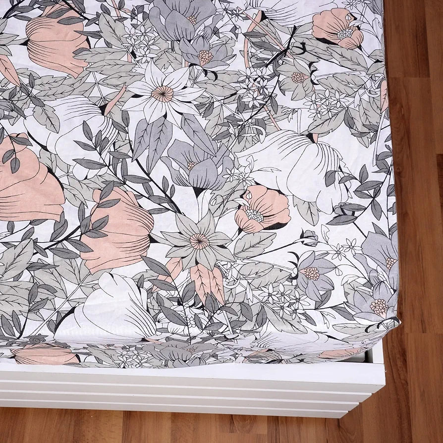 Divine Casa Cotton Classic Floral Bedsheet for Double Bed Elastic Fitted with 2 Pillow Covers  Griffin 144 Tc Colour Peach Nectar