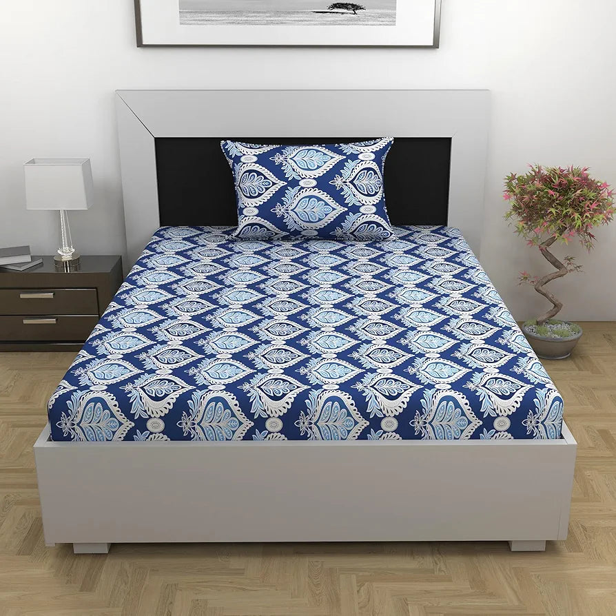 Divine Casa 100% Cotton Bedsheet for Single Bed, 144 TC Bedsheet Single Size Bed Cotton with 1 Pillow Cover Colour Dazzling Blue