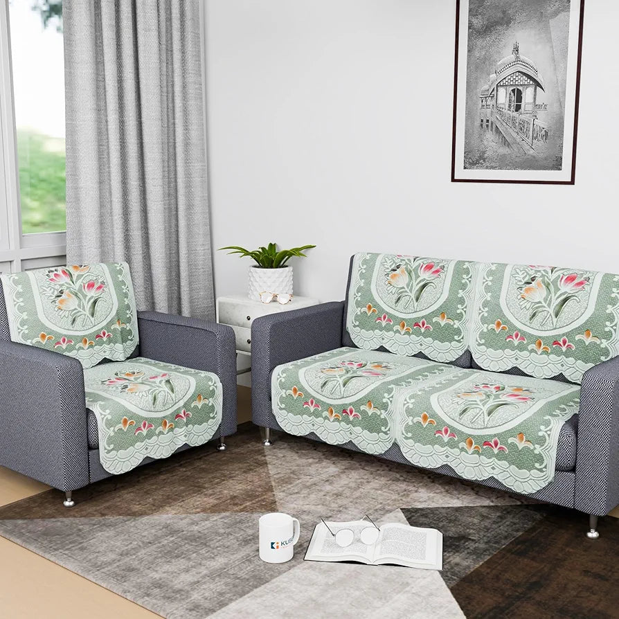 Kuber Industries Sofa Cover Net 2+1 Seater Sofa Slip Cover Set Tulip Printed Green