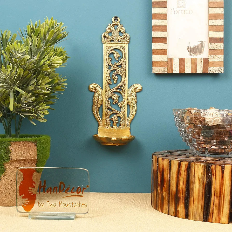 Two Moustaches Ethnic Indian Design Peacock Table/Wall Hanging Brass Diya