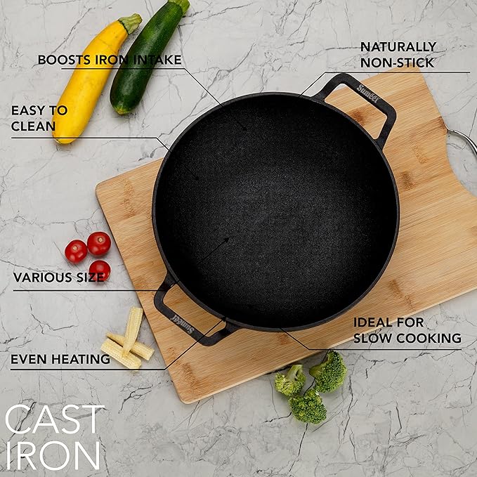 Sumeet Pre Seasoned Heavy Weight Cast Iron Deep Kadai, Induction Friendly 27cm 3150ml 2.770Kg, Black