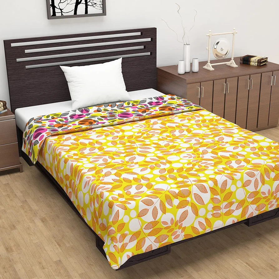 Divine Casa 120 GSM Microfiber Single Dohar Soft & Lightweight Throw Blanket Tropical Leaf Pattern Colour Orange & Yellow