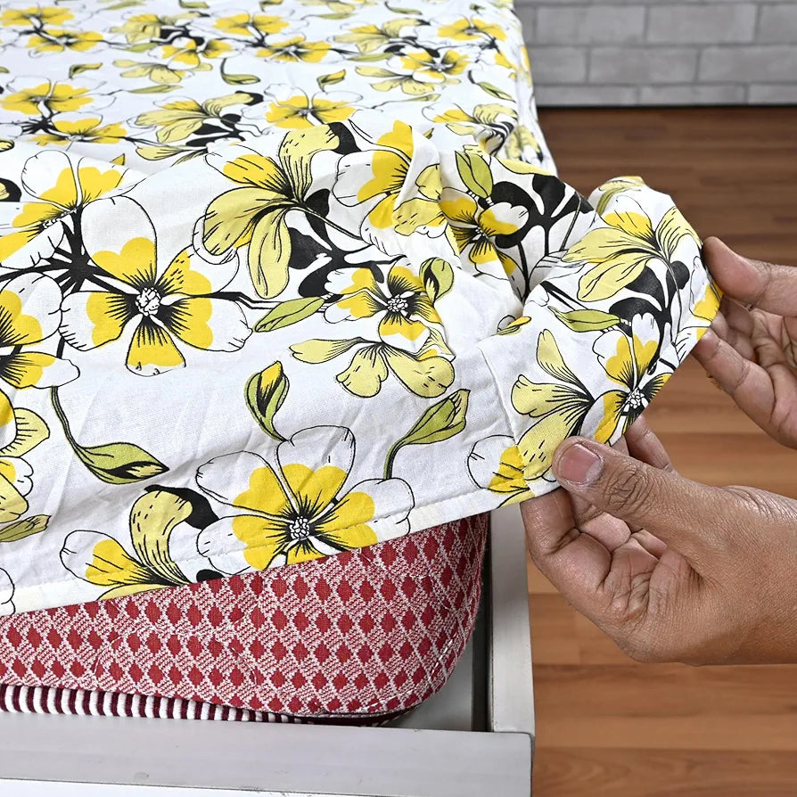 Divine Casa Floret 100% Cotton Double Fitted Bedsheet 144 TC Deep Pocket Design Colour Daffodil Yellow