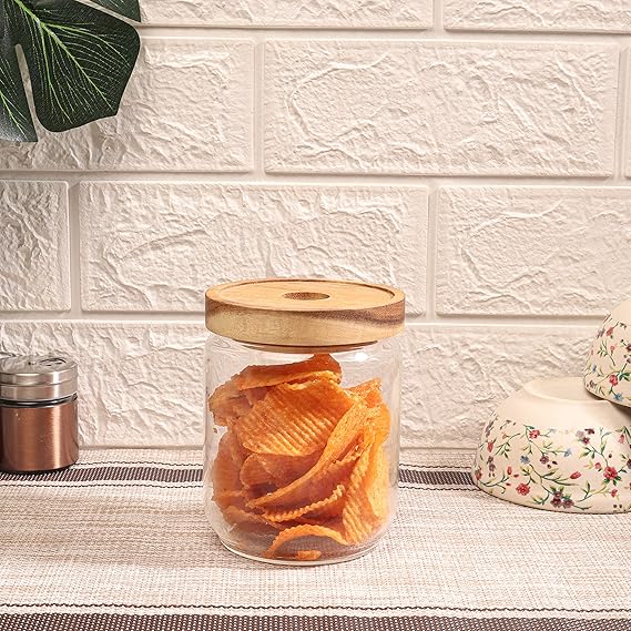 Femora Kitchen Storage Jars Borosilicate Glass Jar for Kitchen With Wooden Lid Air Tight Jar | 500 Ml | Pack of 2