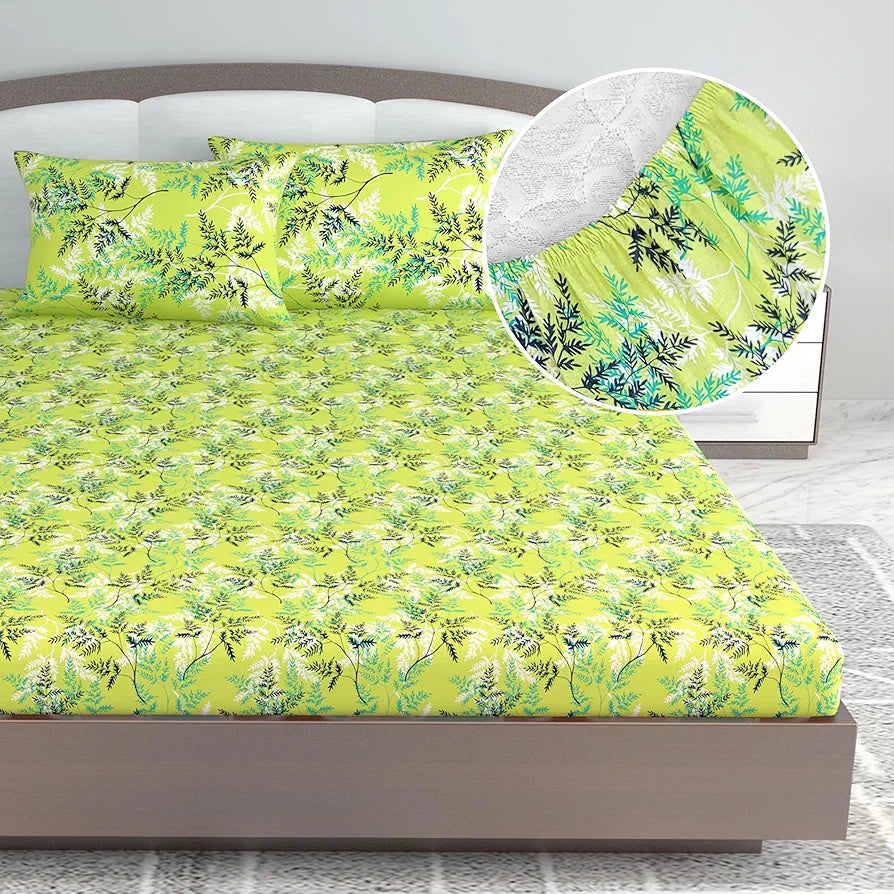 Divine Casa 144 TC 100% Cotton Floral Green Cotton Lightweight King Size Bedsheet with Elastic Fitted Colour Lime Punch