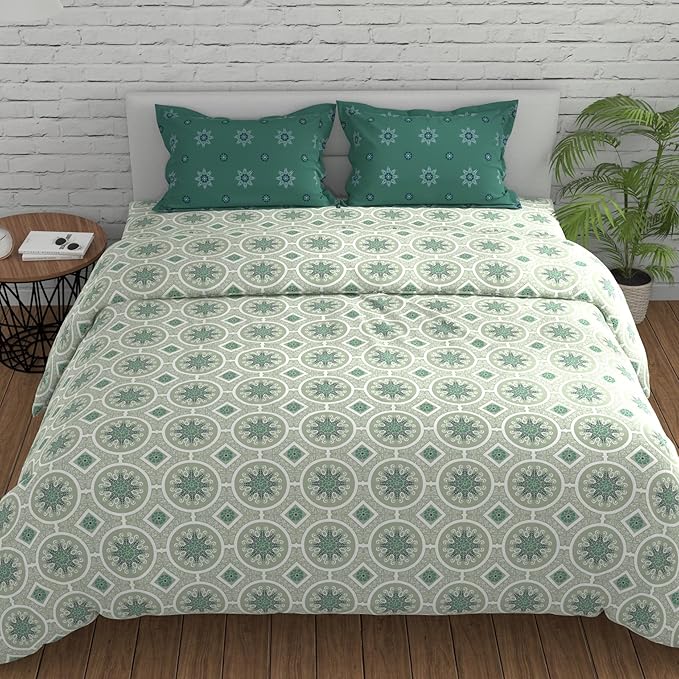 Huesland by Ahmedabad Cotton 144 TC King Size Bedsheet Cotton with 2 Pillow Covers | Mandala | Dark Green & Light Green