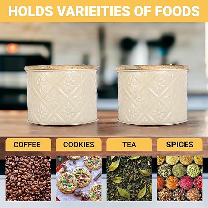Femora Kitchen Storage Jars Tin Jar With Wooden Lid Air Tight Jar | 300 Ml | Set of 2