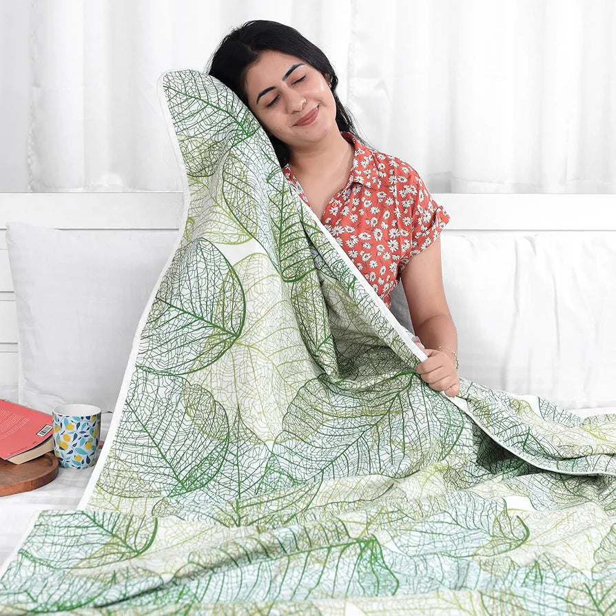 Divine Casa 120 GSM Glace Cotton Double Dohar Lightweight AC Blanket Colour Forest Green & Lime