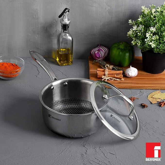 Bergner Hitech Triply Non-stick 16cm Saucepan | 1.6 L Saucepan With Non-stick Mesh Pattern Inside