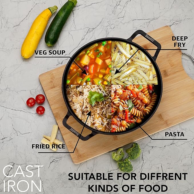 Sumeet Pre Seasoned Heavy Weight Cast Iron Deep Kadai, Induction Friendly 27cm 3150ml 2.770Kg, Black