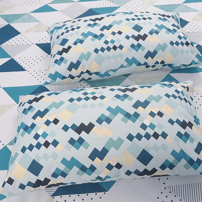 Huesland by Ahmedabad Cotton 186 TC King Size Bedsheet Cotton with 2 Pillow Covers | White, Blue & Beige
