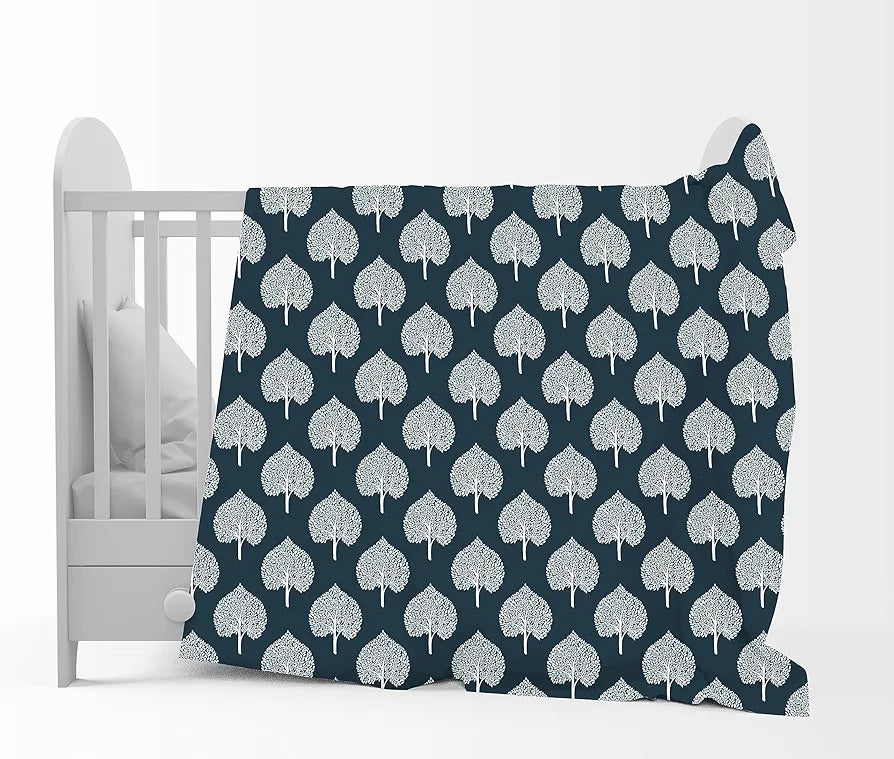 Divine Casa 120 GSM Microfiber Single Kids Dohar Soft & Lightweight Throw Blanket Tree Motif Pattern Colour Navy Blue & White