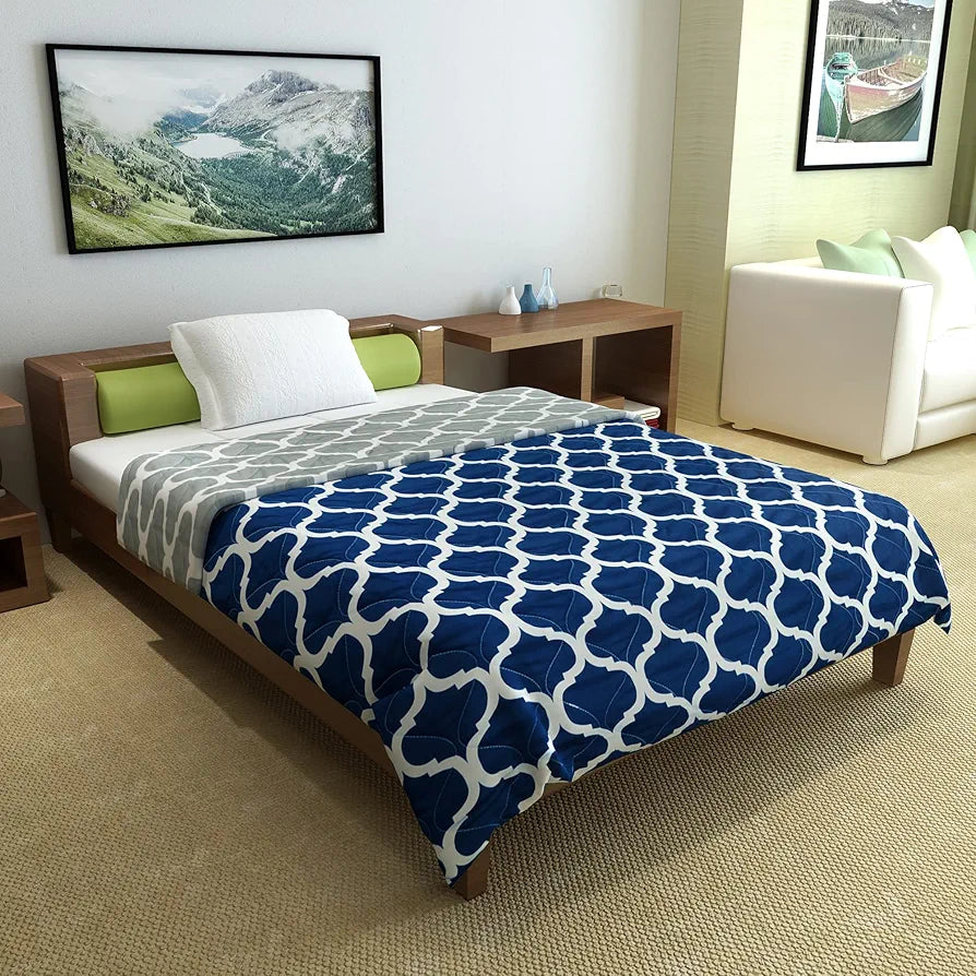 Divine Casa Microfibre 120 GSM All Season Abstract Printed Comforter Single Bed Reversible Single Size Blanket Colour Duvet Navy Blue and White