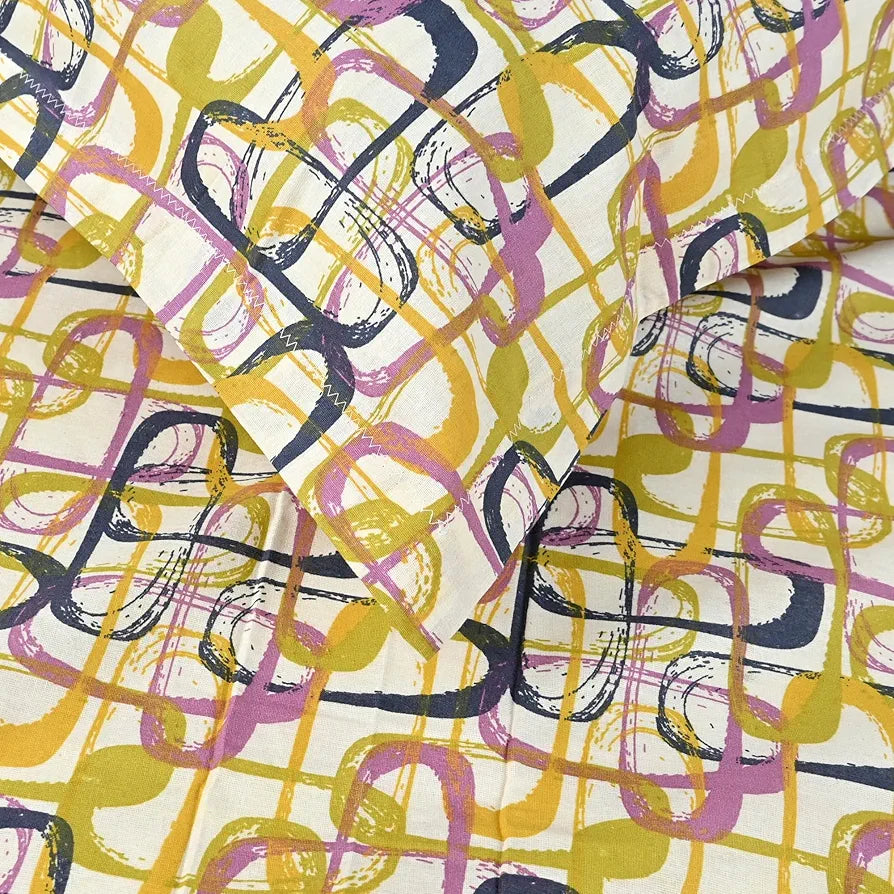 Divine Casa 144 TC Pure Cotton Double Size Bedsheet with 2 Pillow Covers Abstract Weave Colour Purple Yellow