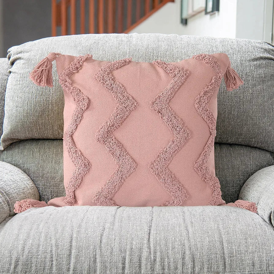 Sashaa World Salmon Pink Chevron Tufted Cushion Cover With Tassels