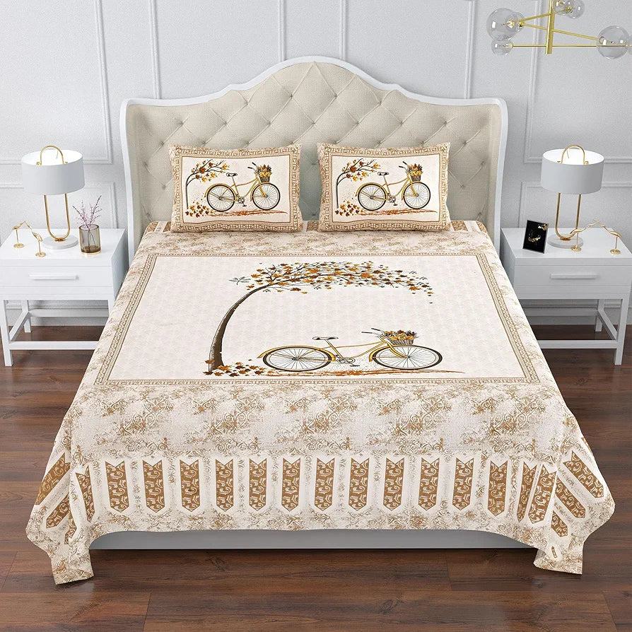 Kuber Industries Double Bedsheet with 2 Pillow Covers 160 TC Premium Cotton Photo Frame Cycle Brown