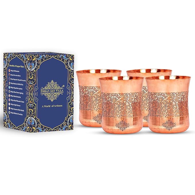 Indian Art Villa Curved Copper Glass Tumbler Cup With Embossed Design