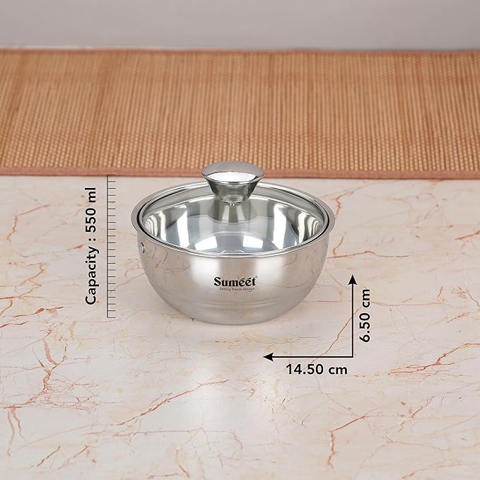 Sumeet Smart Serve Stainless Steel Double Wall Insulated Small Hot Sabji  Glass Lid 550ml 1pc, Silver