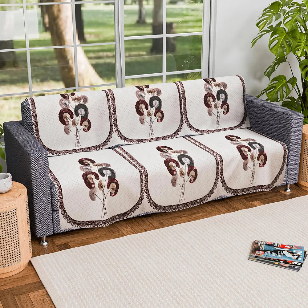 Kuber Industries Set of 6 Velvet 3 Seater Sofa Covers for Living Room Digital Flower-Cream & Brown