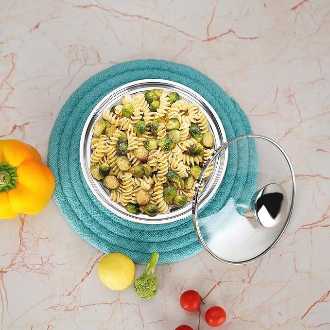 Sumeet Smart Serve Stainless Steel Double Wall Insulated Small Hot Sabji  Glass Lid 550ml 1pc, Silver