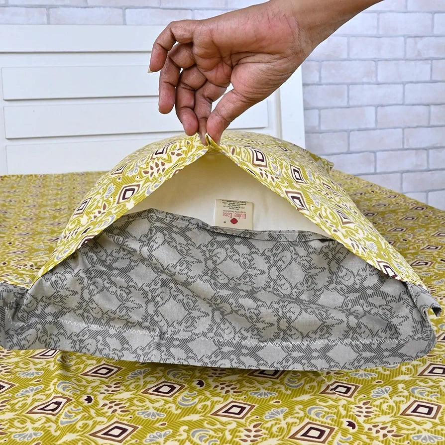 Divine Casa 144 TC Pure Cotton Single Size Bedsheet with 1 Pillow Cover Geometric Diamond Print Colour Golden Lime Grey