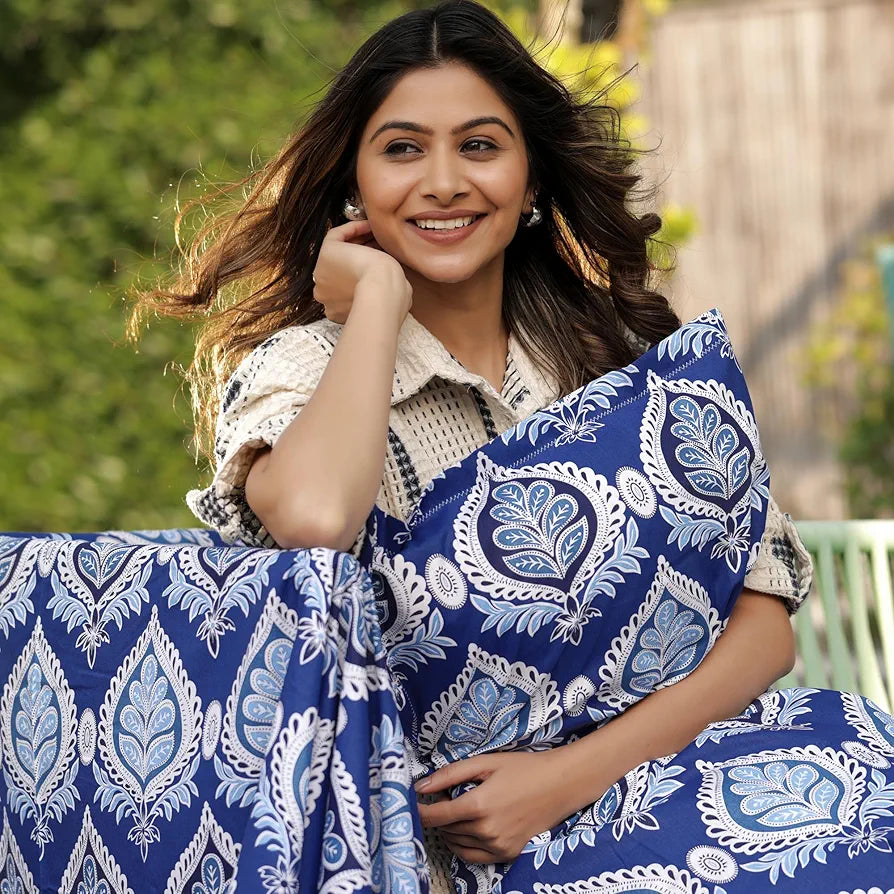 Divine Casa 144 TC 100% Cotton Single Bedsheet with 1 Pillow Cover Floral Pattern Colour Dazzling Blue