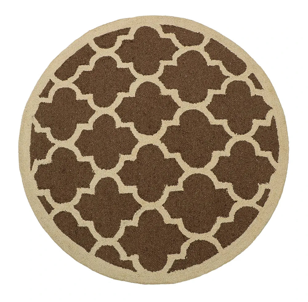 The Home Talk Tufted Round Wool Carpet for Living Room Bed Room Hall 4 Feet Diameter Brown Quatrefoil