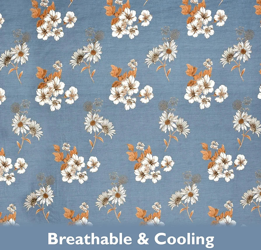 Fresh From Loom Floral Print Single Bed Bedsheet Set Microfiber 240 TC 1 Pillow Covers Soft-Cyan