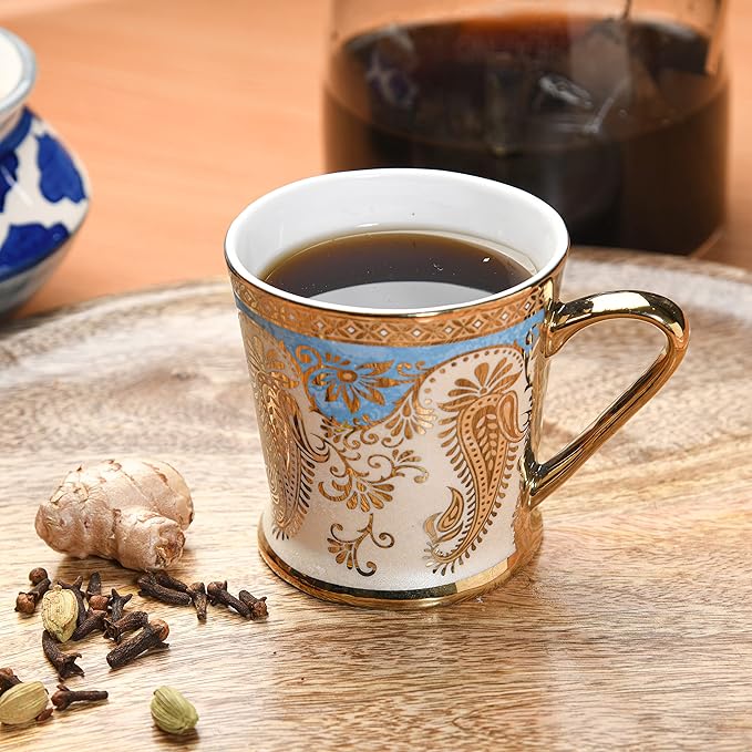 Femora Golden Leaf Tea Mugs Ceramic Tea Cups Coffee Mugs Set of 6 - 800 gms