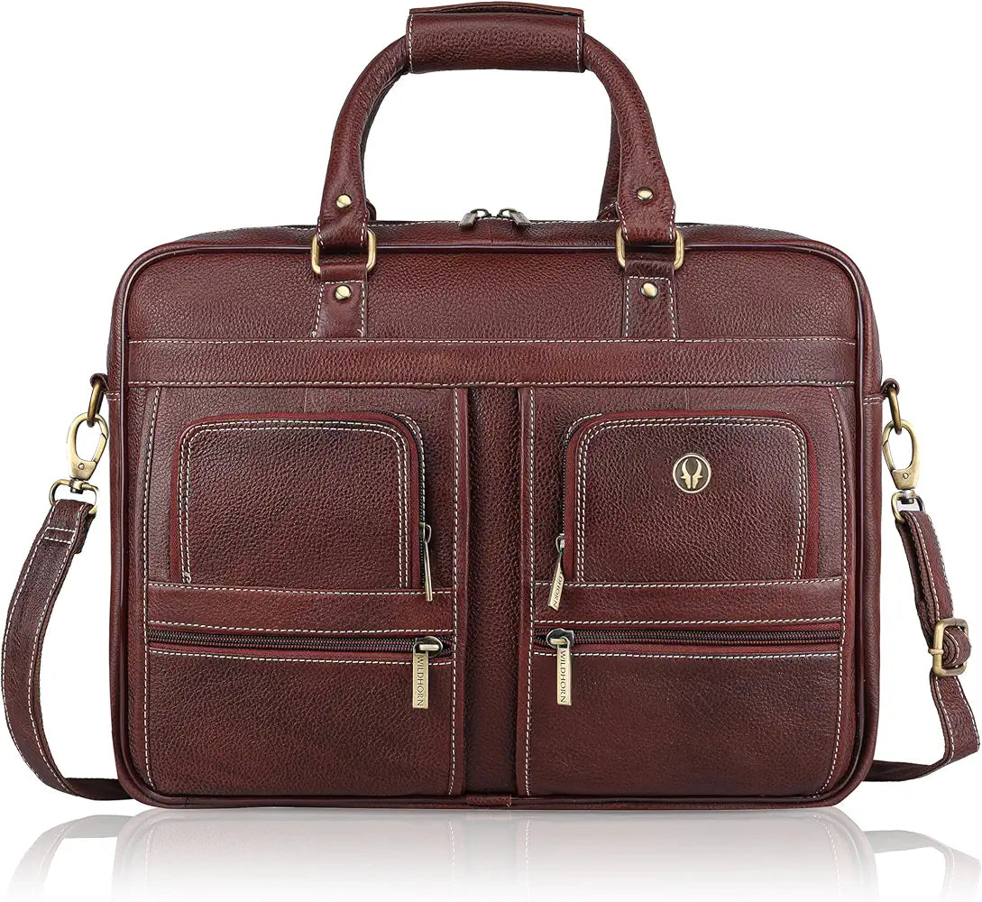 WildHorn Leather 15.6 inch Laptop Messenger Bag for Men I Multi- Pockets I Extra Storage I Carry Handles I Adjustable Strap
