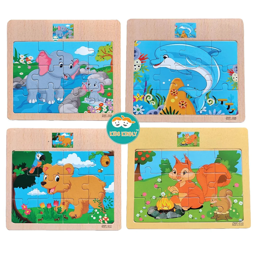 KIDS KINDLY Wooden 12 Piece Jigsaw Puzzle for Kids, Animals & Vehicle Theme Game, Promotes Fine Motor Skills, Improve Hand-Eye Coordination, Puzzle Game for Kids - 3 Years+  Random Design