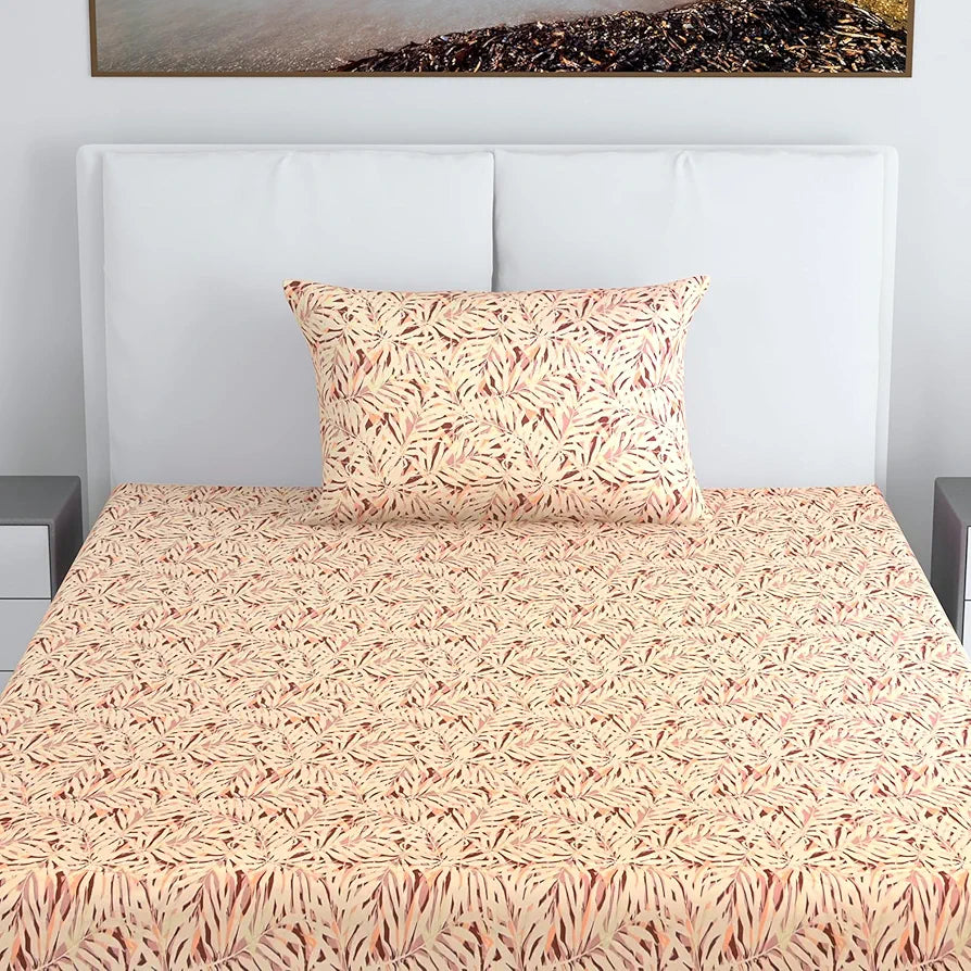 Divine Casa 144 TC 100% Pure Cotton Single Size Bedsheet with 1 Pillow Cover Tropical Leaf Colour Cream Brown