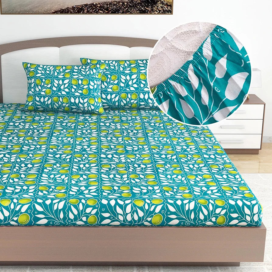 Divine Casa 144 TC Floral Blue 100% Elastic Fitted Printed King Size Double Bed Bedsheet with 2 Pillow Cover for Bedroom Colour Tile Blue