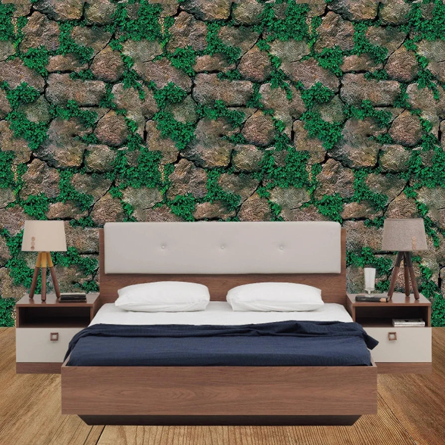 Jaamso Royals Green Grass With Stone Wall Papers for Home Brick Stone Wallpaper