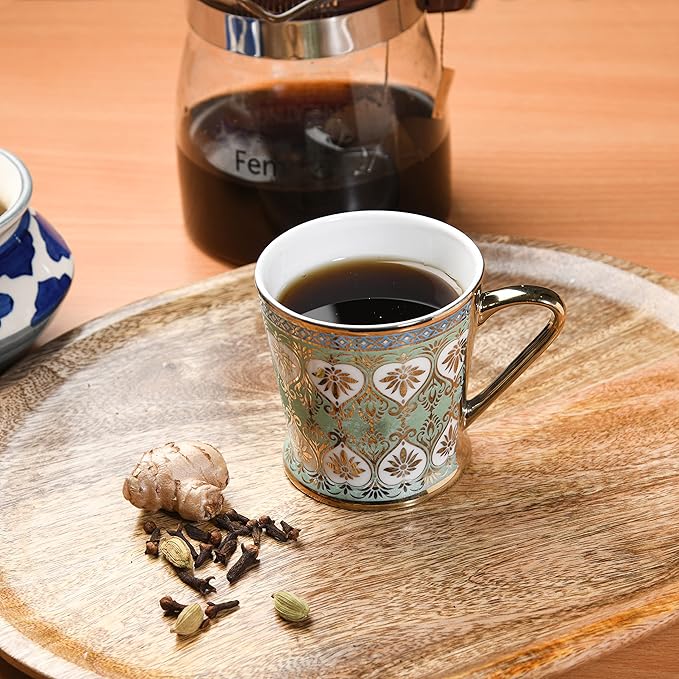 Femora Golden Leaves Pattern Golden Tea Mugs, Ceramic Tea Cups, Coffee Mugs | 160 Ml | Golden | 6 Pcs Set | Not Microwave Safe