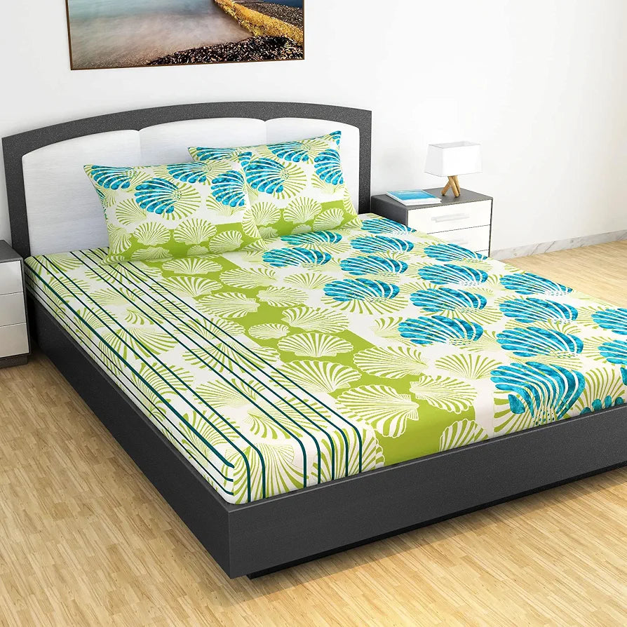 Divine Casa 100% Cotton 144 TC Bedsheet for Double Bed King Size Bedsheet with 2 Pillow Covers Colour Ocean Green