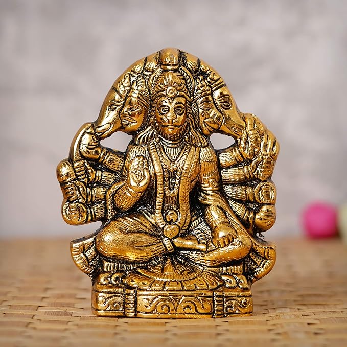 Ecraftindia Golden Metal Lord Panchmukhi Hanuman Statue Bajrangbali Religious Idol