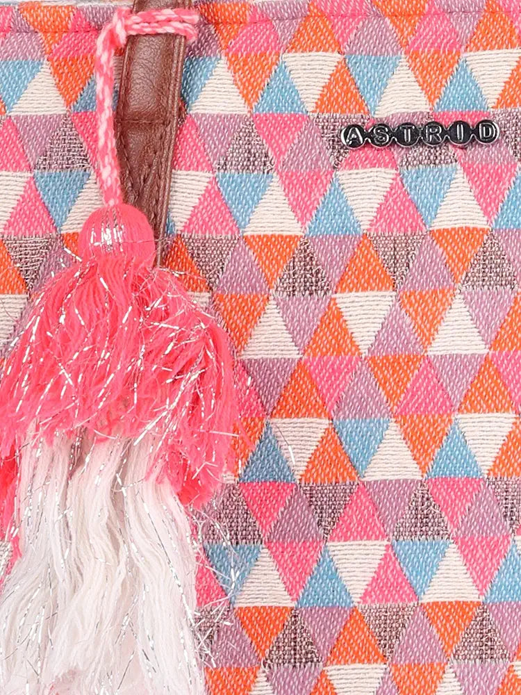 Astrid Handmade Macrame Flap Over Sling Bag For Girls And Women Colour Peachy White Triangles
