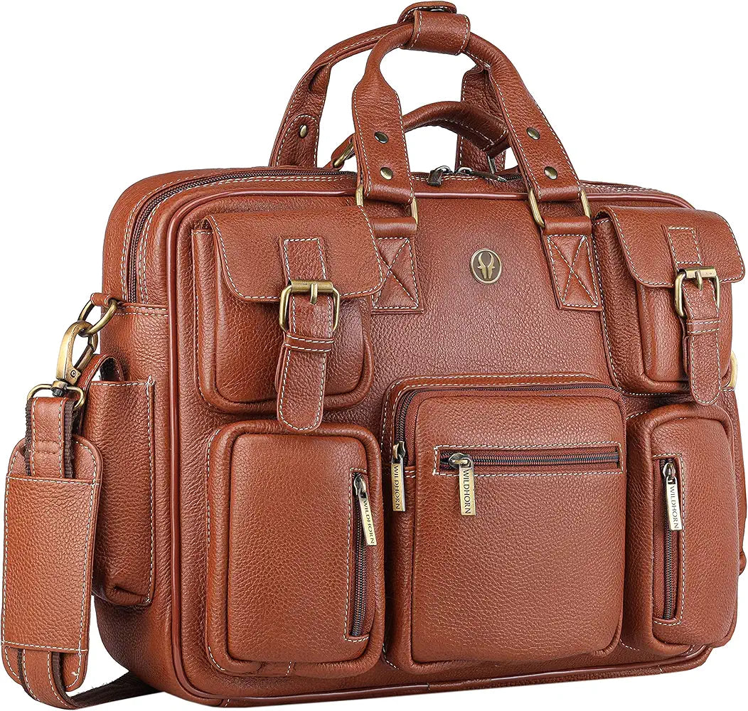 WildHorn Leather Laptop Bag for Men/Office Bag for Men | Fits Upto 15.6 Inch Laptop/MacBook | Laptop Messenger Bag/Leather Bag for Men I Dimension : L-16 inch W-4 inch H-13 inch