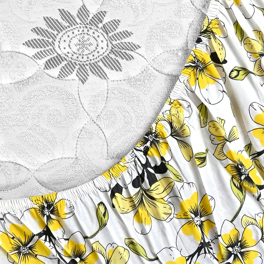 Divine Casa Floret 100% Cotton King Fitted Bedsheet 144 TC Deep Pocket Design Soft & Breathable Fabric Colour Daffodil Yellow